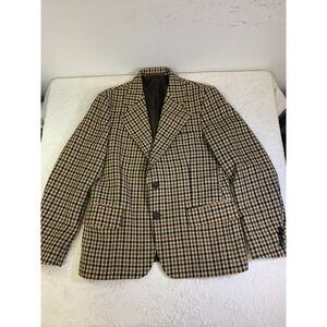 Dunn & Co Mens Vintage All Wool Houndstooth Plaid Blazer Sport Coat Tan Brown